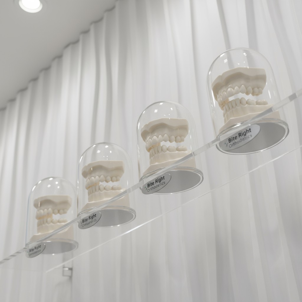 Four large dental models displayed within glass bell jars on an acrylic stand.