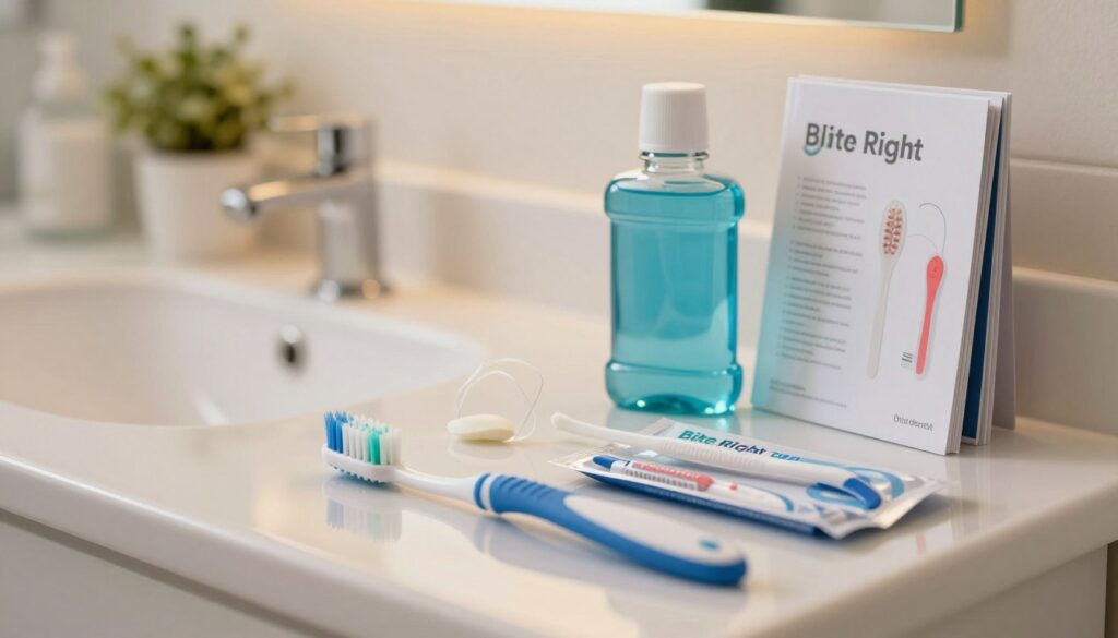 A close-up scene showcasing a variety of orthodontic hygiene tools elegantly arranged on a gleaming bathroom counter. In the foreground, a bright, modern toothbrush with soft bristles is placed next to orthodontic wax and a pack of interdental brushes, all glistening under warm, natural lighting. The middle features a small, stylish cup holding mouthwash and floss, with a subtle reflection of a well-organized dental care guide beside it, hinting at the importance of education in maintaining braces. In the background, a soft-focus of an inviting bathroom with plants and calming colors enhances the overall atmosphere, suggesting cleanliness and care. The brand name "Bite Right Orthodontist" is subtly integrated into the design of the dental care guide. The image conveys a serene, professional vibe, emphasizing the importance of orthodontic hygiene. A close-up scene showcasing a variety of orthodontic hygiene tools elegantly arranged on a gleaming bathroom counter. In the foreground, a bright, modern toothbrush with soft bristles is placed next to orthodontic wax and a pack of interdental brushes, all glistening under warm, natural lighting. The middle features a small, stylish cup holding mouthwash and floss, with a subtle reflection of a well-organized dental care guide beside it, hinting at the importance of education in maintaining braces. In the background, a soft-focus of an inviting bathroom with plants and calming colors enhances the overall atmosphere, suggesting cleanliness and care. The brand name "Bite Right Orthodontist" is subtly integrated into the design of the dental care guide. The image conveys a serene, professional vibe, emphasizing the importance of orthodontic hygiene.