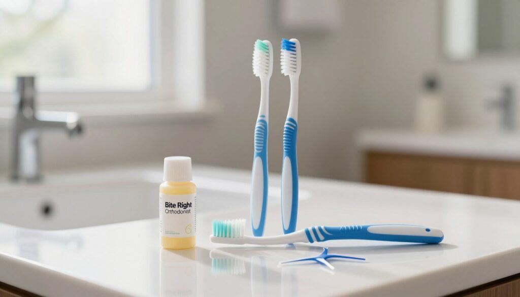 A visually appealing arrangement of braces cleaning tools, prominently featuring a toothbrush designed for braces, interproximal brush, orthodontic wax, and floss threaders. In the foreground, the tools should be displayed on a polished white countertop, subtly reflecting their shiny surfaces. The middle section should include a soft focus background of a clean bathroom setting with gentle natural light filtering through a window, illuminating the tools and creating a warm, hygienic atmosphere. The image should convey a sense of freshness and cleanliness, with an emphasis on usability and organization. Include the branding of "Bite Right Orthodonist" subtly displayed on a container in the background, ensuring it remains professional and unobtrusive. A visually appealing arrangement of braces cleaning tools, prominently featuring a toothbrush designed for braces, interproximal brush, orthodontic wax, and floss threaders. In the foreground, the tools should be displayed on a polished white countertop, subtly reflecting their shiny surfaces. The middle section should include a soft focus background of a clean bathroom setting with gentle natural light filtering through a window, illuminating the tools and creating a warm, hygienic atmosphere. The image should convey a sense of freshness and cleanliness, with an emphasis on usability and organization. Include the branding of "Bite Right Orthodonist" subtly displayed on a container in the background, ensuring it remains professional and unobtrusive.