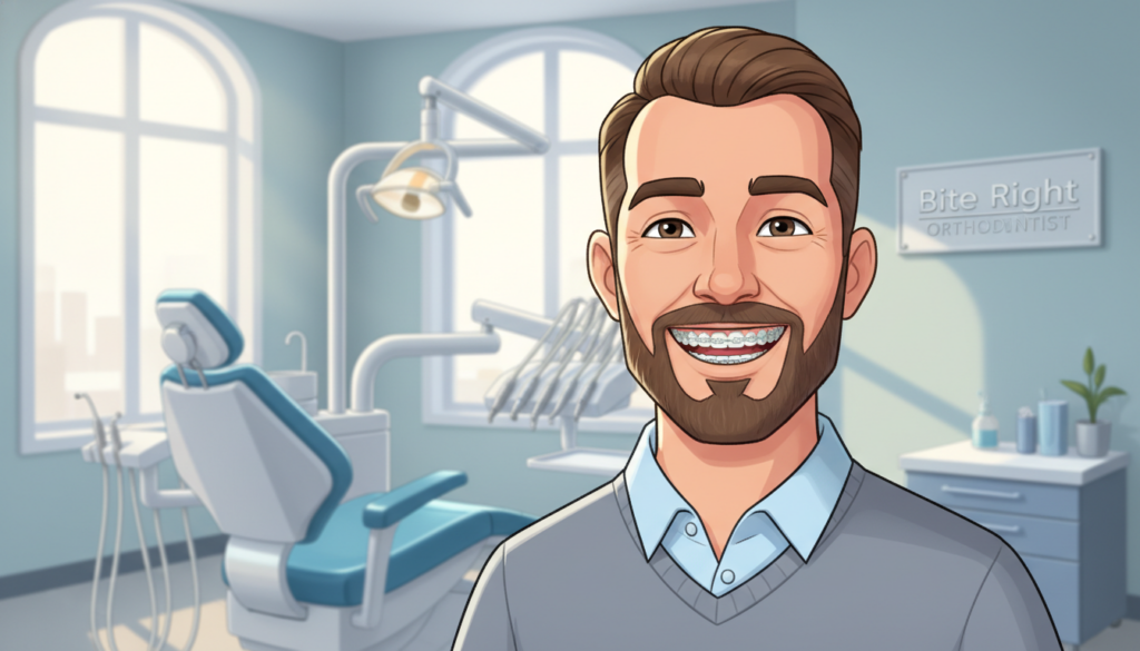 A close-up view of an adult patient in a dental office, showcasing a modern and stylish smile with braces. The patient, a middle-aged man wearing a smart casual shirt, confidently smiles as he looks towards the camera. The foreground includes detailed shots of clear aligners attached to his teeth, emphasizing the discreet nature of adult braces. In the background, a well-lit dental office environment is visible with professional dental tools and calming blue and white hues, creating a soothing ambiance. Soft, natural lighting illuminates the scene, enhancing the subject's expression and the shiny finish of the braces. The setting conveys a sense of progress and positivity about adult orthodontics. Include a sleek sign for "Bite Right Orthodontist" subtly displayed in the background.