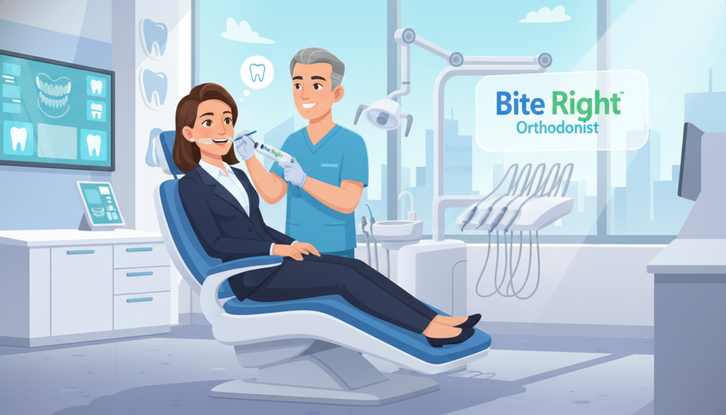 A modern orthodontic clinic scene featuring an adult patient in a professional business attire sitting in a sleek dentist chair, undergoing orthodontic treatment. The background should showcase a modern, well-lit dental office with high-tech orthodontic equipment and tools. Include a friendly, experienced orthodontist, dressed in scrubs, working on the patient's teeth with precision and care. The lighting should be bright and inviting, enhancing the cleanliness of the environment. The mood should be reassuring and motivating, illustrating the increasing trend of adults seeking orthodontic care. Ensure the brand name "Bite Right Orthodonist" is subtly integrated into the clinic design, perhaps on a wall or a dental tool.